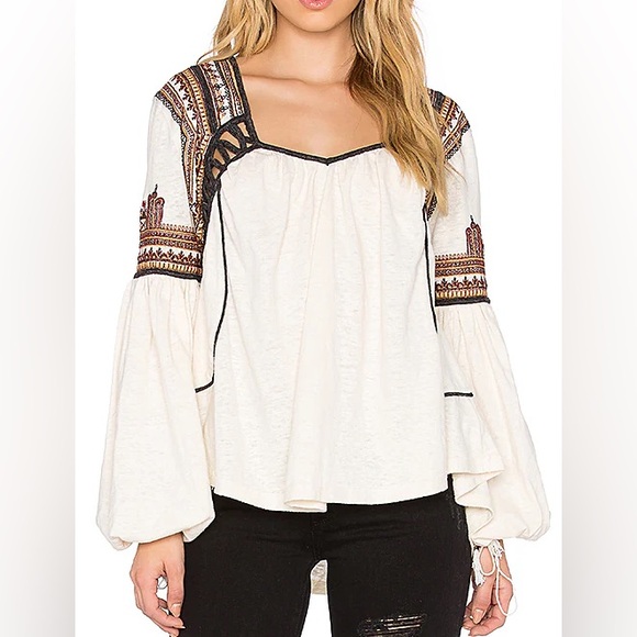 [S]Free People Blouse Snow Kisses with Embroidery Boho White Black Eyelets - Picture 2 of 12